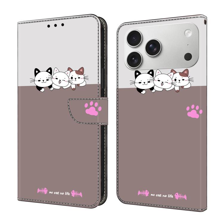 For iPhone 17 Pro Crystal-Like Painted Vegan Leather Phone Case(Three Cats)