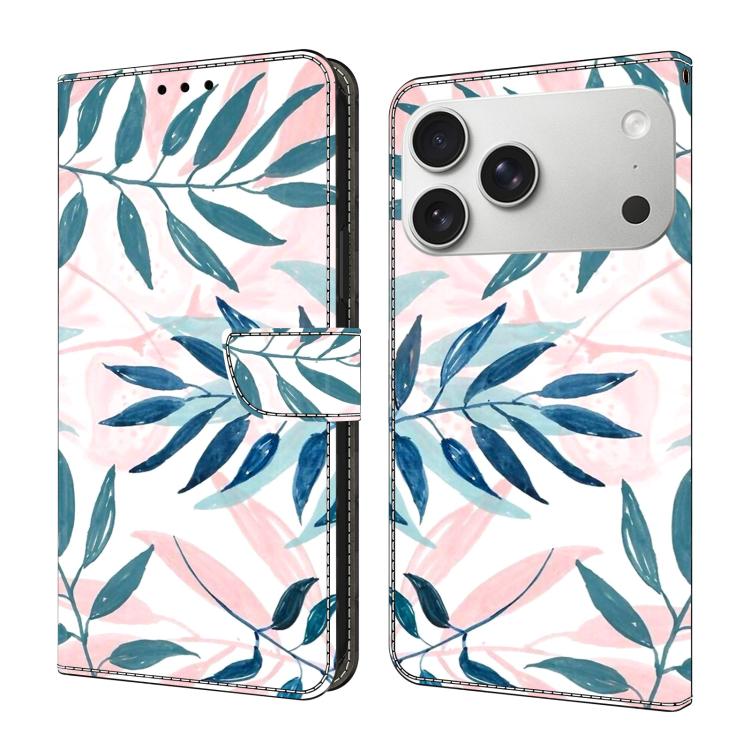 For iPhone 17 Pro Crystal-Like Painted Vegan Leather Phone Case(Watercolor Leaves)