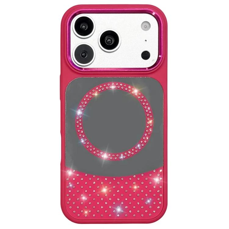 For iPhone 17 Pro Crystal Mirror Surface Rhinestone Magnetic Phone Case(Rose Red)
