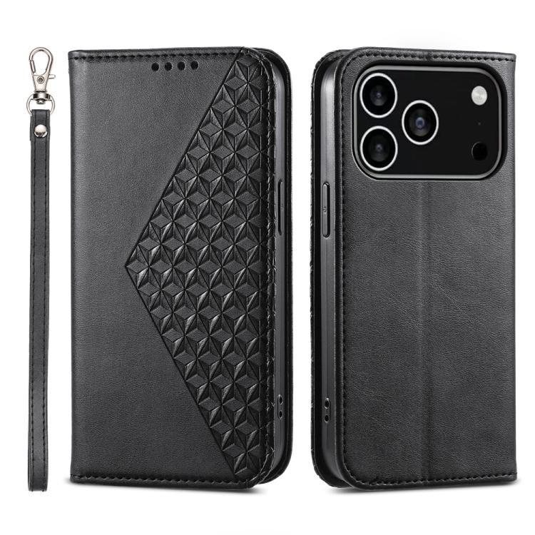 For iPhone 17 Pro Cubic Grid Calf Texture Magnetic Leather Phone Case(Black)