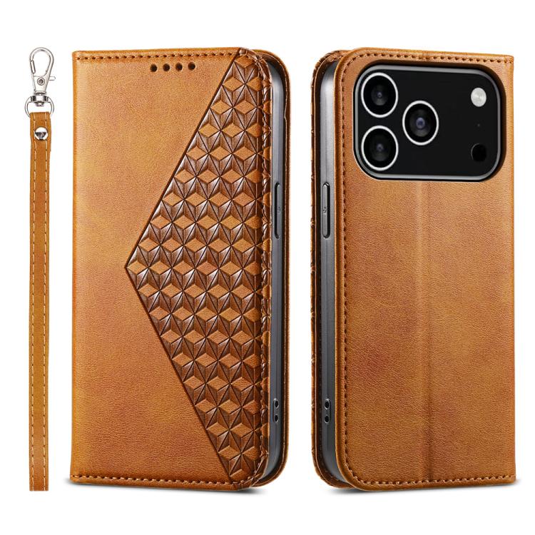For iPhone 17 Pro Cubic Grid Calf Texture Magnetic Leather Phone Case(Yellow)