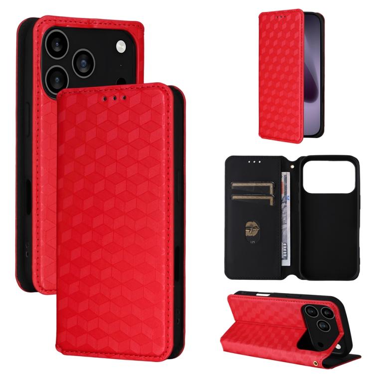 For iPhone 17 Pro Cubic Grid Texture Flip Leather Phone Case(Red)