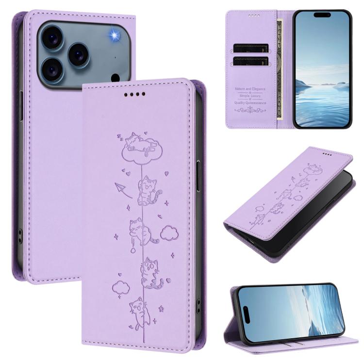 For iPhone 17 Pro Cute Cats Embossed Magnetic RFID Vegan Leather Phone Case(Light Purple)