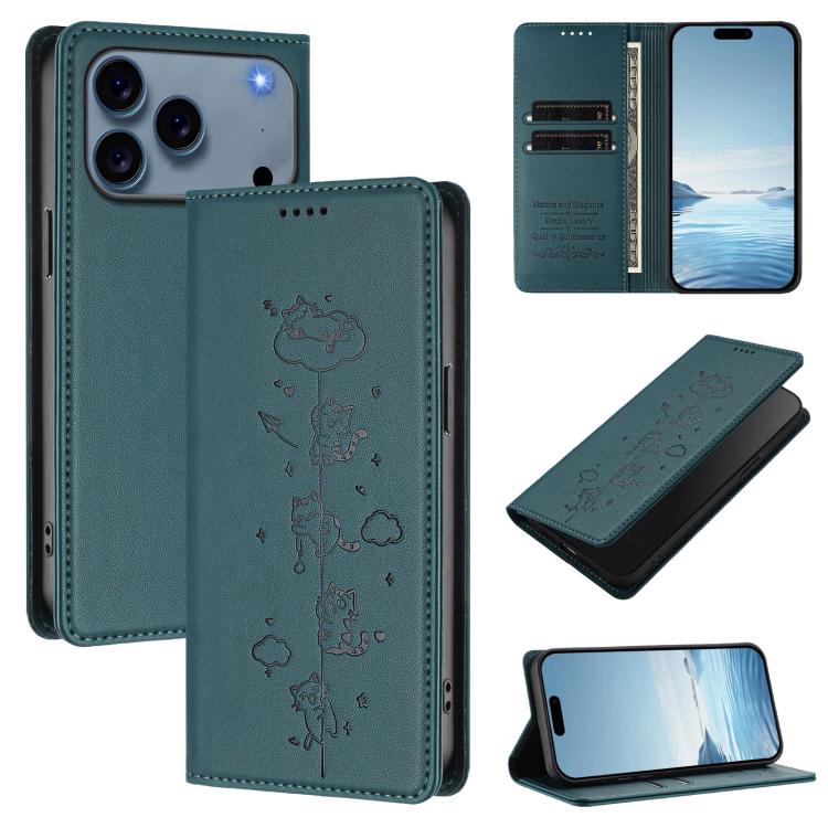 For iPhone 17 Pro Cute Cats Embossed Magnetic RFID Vegan Leather Phone Case(Peacock Green)
