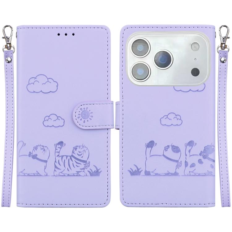 For iPhone 17 Pro Cute Cats RFID Leather Phone Case(Purple)