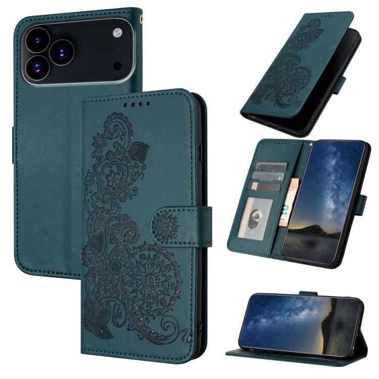 For iPhone 17 Pro Datura Flower Embossed Flip Leather Phone Case(Dark Green)