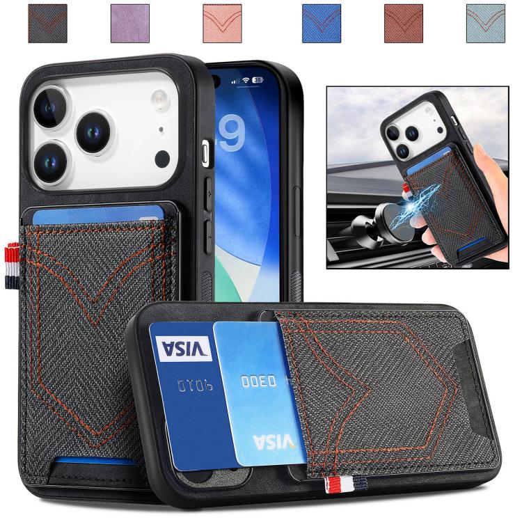 For iPhone 17 Pro Denim Texture Leather Skin Phone Case with Card Slot(Black)