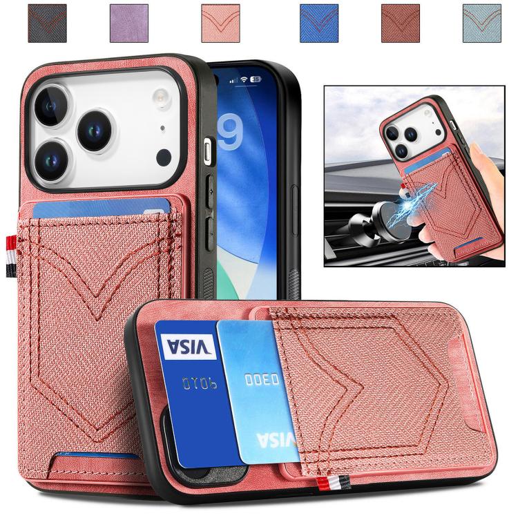 For iPhone 17 Pro Denim Texture Leather Skin Phone Case with Card Slot(Pink)