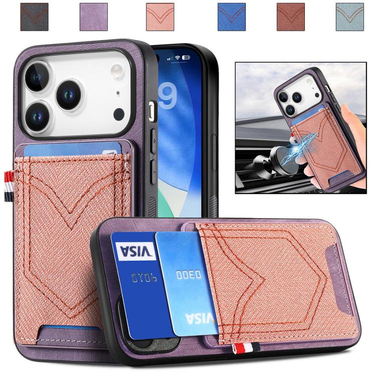 For iPhone 17 Pro Denim Texture Leather Skin Phone Case with Card Slot(Purple)
