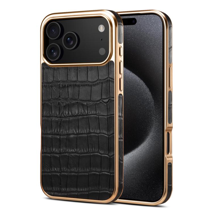 For iPhone 17 Pro Denior Crocodile Texture Genuine Leather Electroplating Phone Case(Black)
