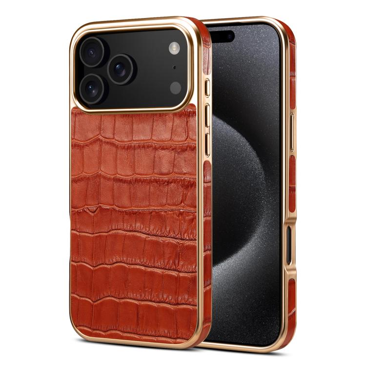 For iPhone 17 Pro Denior Crocodile Texture Genuine Leather Electroplating Phone Case(Mocha Brown)