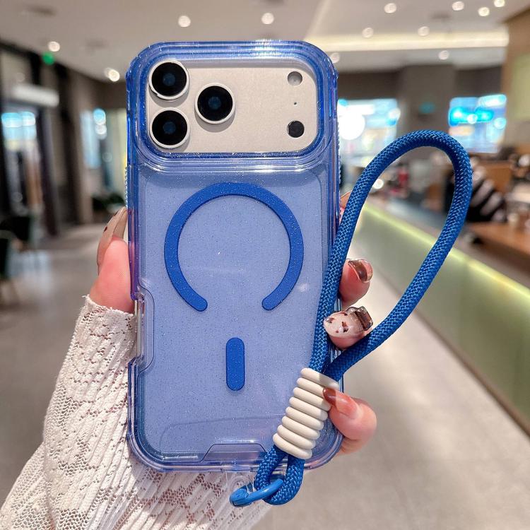 For iPhone 17 Pro Detachable 3 in 1 Glitter Magnetic Phone Case with Hand Strap(Blue)