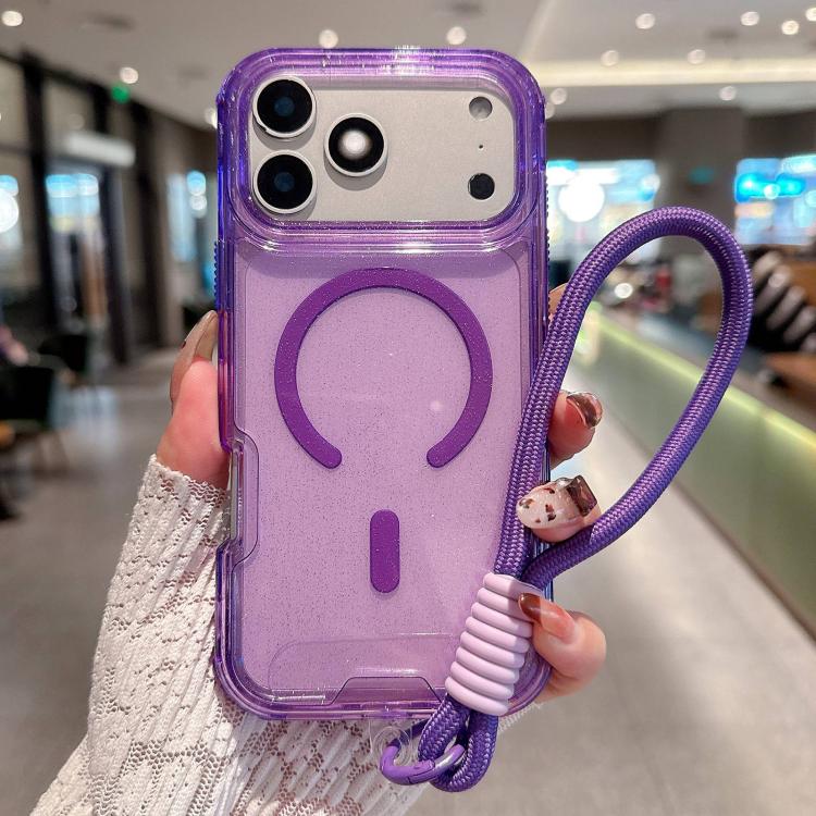 For iPhone 17 Pro Detachable 3 in 1 Glitter Magnetic Phone Case with Hand Strap(Purple)