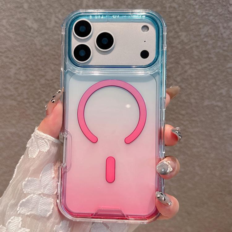 For iPhone 17 Pro Detachable Gradient Transparent Magnetic Phone Case(Blue Pink)