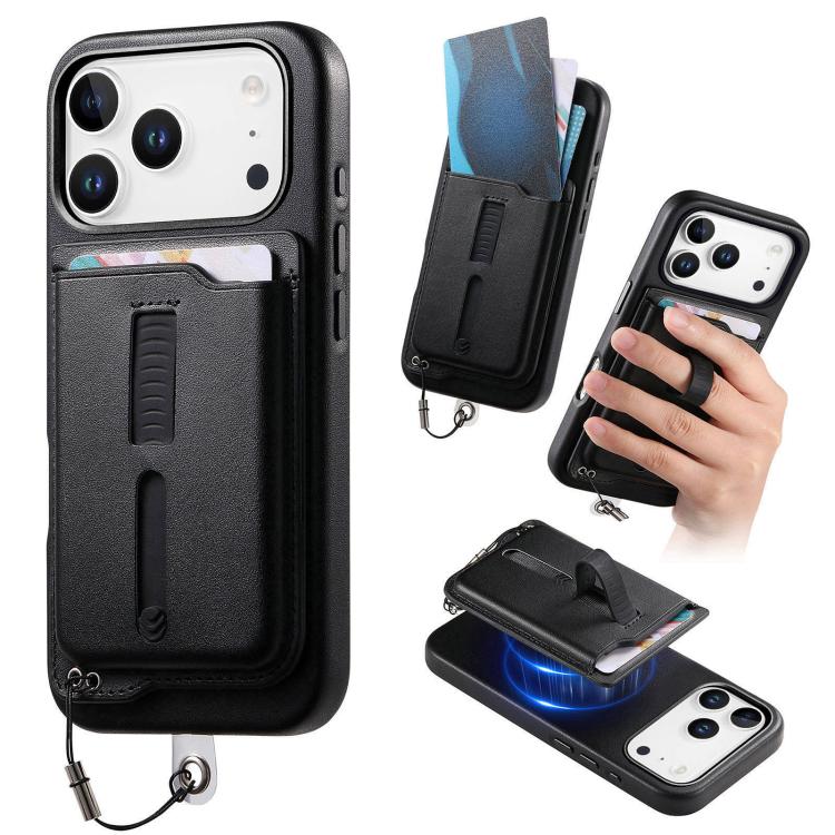 For iPhone 17 Pro Detachable Magnetic Card Bag Phone Case with Finger Ring Grip & Anti-loss Rope(Black)