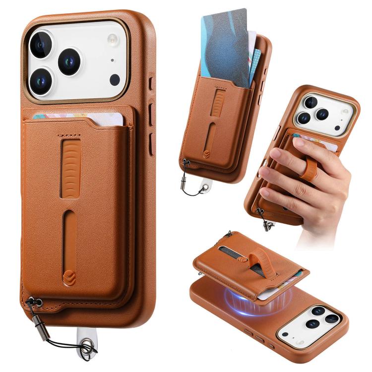 For iPhone 17 Pro Detachable Magnetic Card Bag Phone Case with Finger Ring Grip & Anti-loss Rope(Brown)