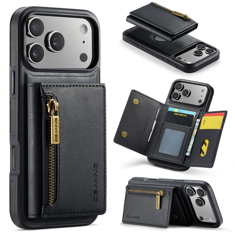 For iPhone 17 Pro DG.MING M5 Series Zip RFID Multi Card Detachable Leather Phone Case(Black)