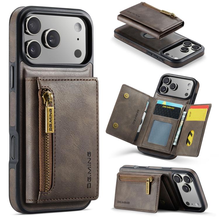 For iPhone 17 Pro DG.MING M5 Series Zip RFID Multi Card Detachable Leather Phone Case(Coffee)