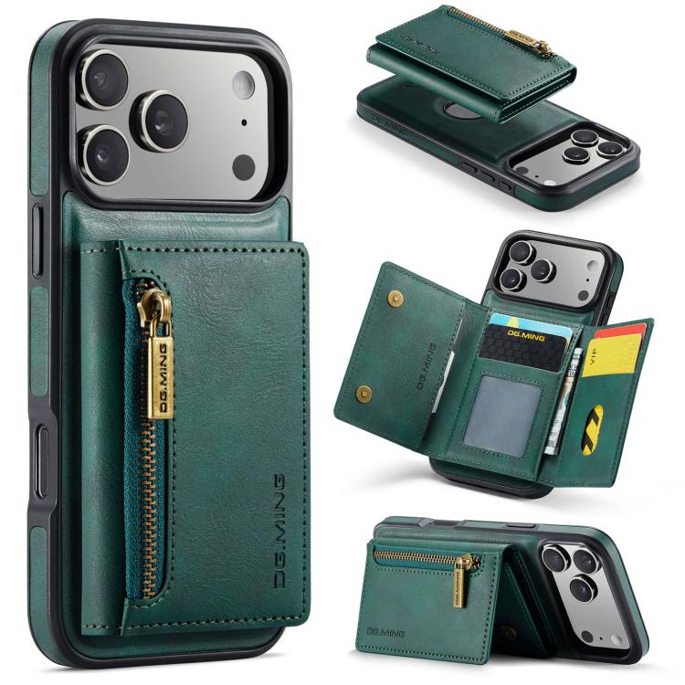 For iPhone 17 Pro DG.MING M5 Series Zip RFID Multi Card Detachable Leather Phone Case(Green)