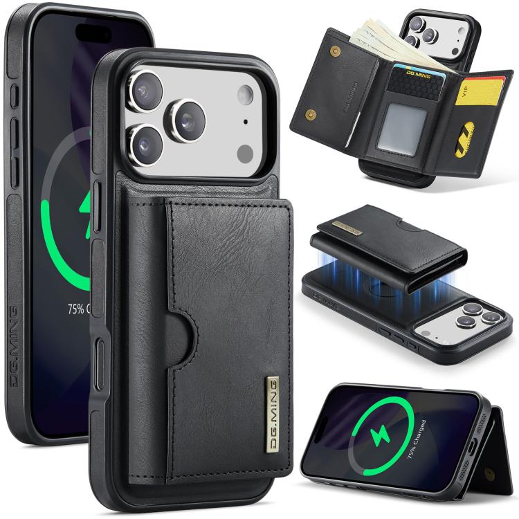 For iPhone 17 Pro DG.MING M6 Series RFID Tri-fold Card Bag Removable Leather Phone Case(Black)