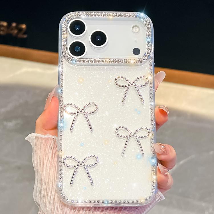 For iPhone 17 Pro Diamond Glitter Bow-knot Four-Corner Shockproof Phone Case(White)