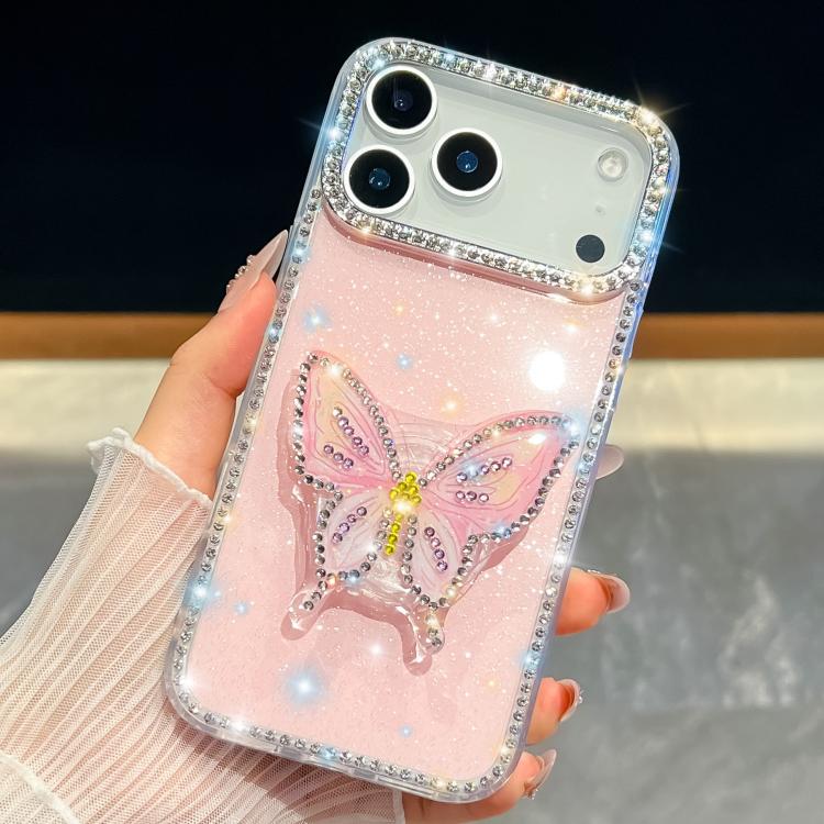 For iPhone 17 Pro Diamond Glitter Butterfly Holder Phone Case(Light Pink)