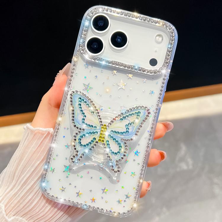For iPhone 17 Pro Diamond Glitter Butterfly Holder Phone Case(Transparent Stars)