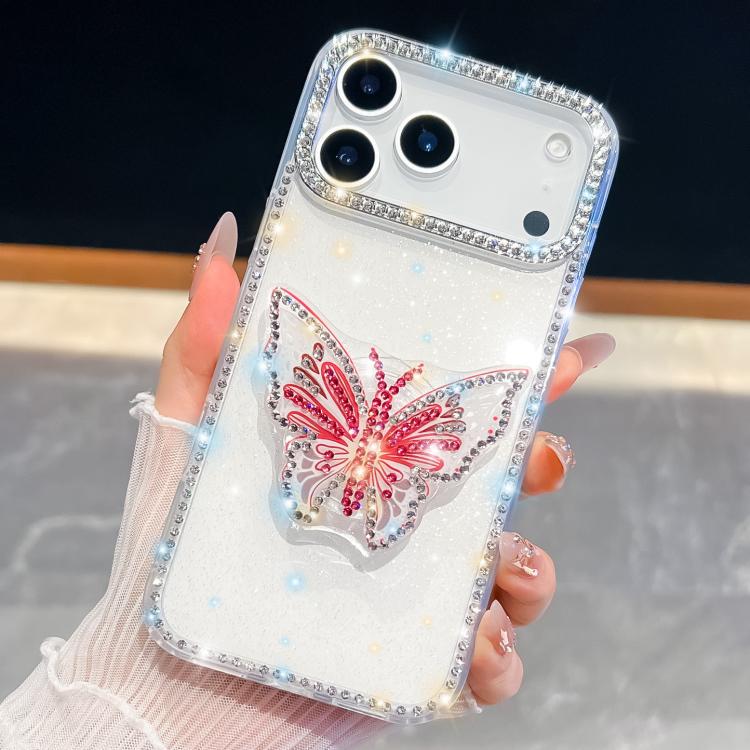 For iPhone 17 Pro Diamond Glitter Butterfly Holder Phone Case(White)