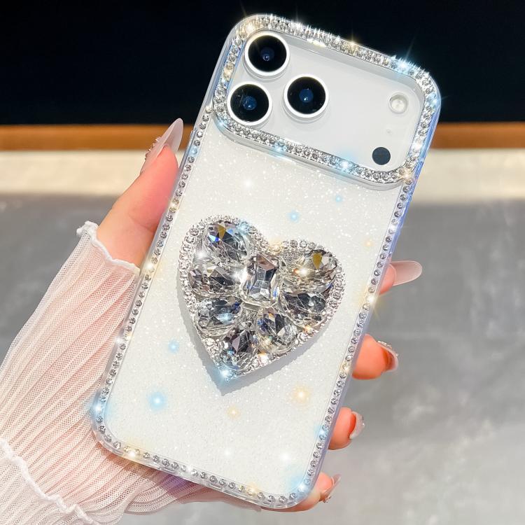 For iPhone 17 Pro Diamond Glitter Gemstone Heart Holder Phone Case(Transparent)