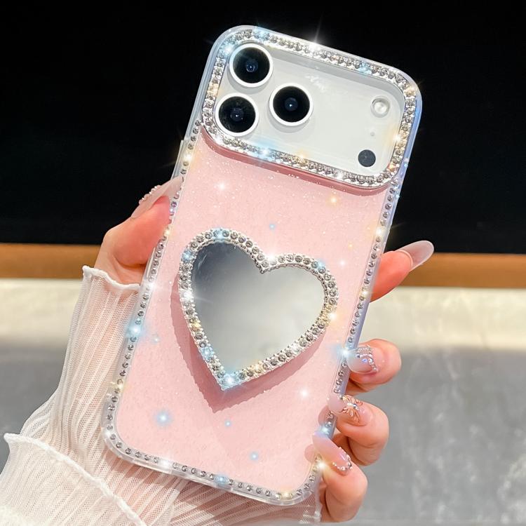 For iPhone 17 Pro Diamond Glitter Mirror Heart Holder Phone Case(Light Pink)