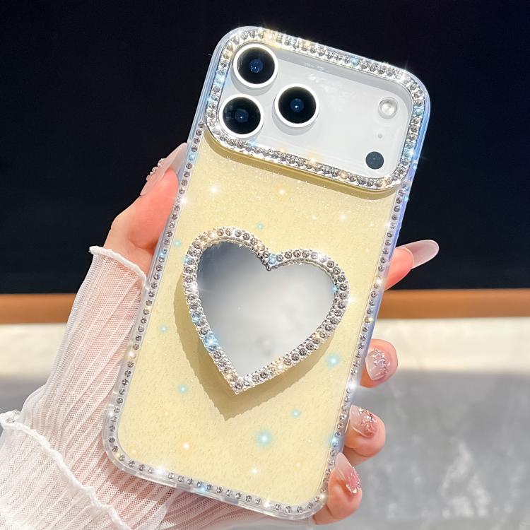 For iPhone 17 Pro Diamond Glitter Mirror Heart Holder Phone Case(Light Yellow)