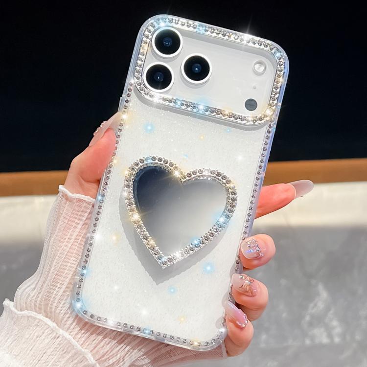 For iPhone 17 Pro Diamond Glitter Mirror Heart Holder Phone Case(White)