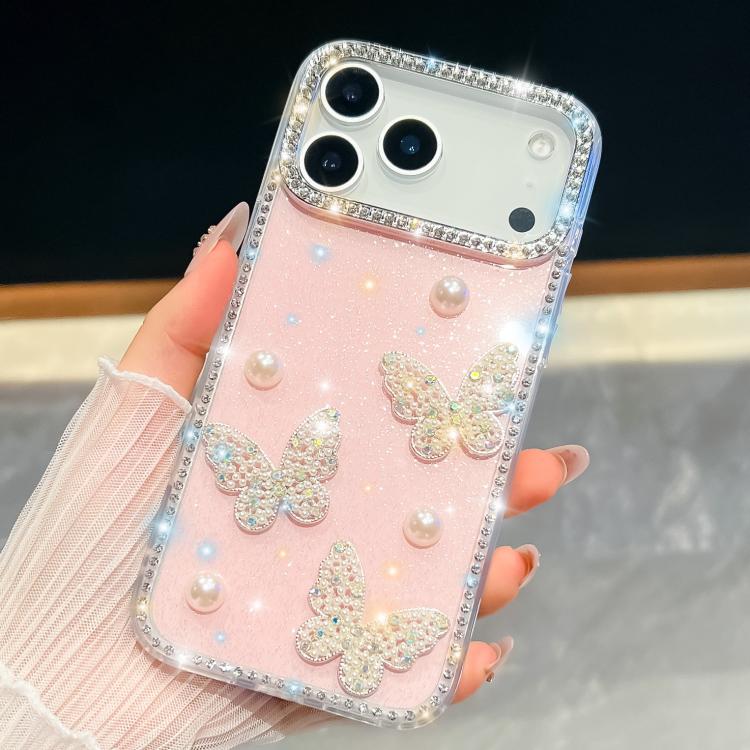 For iPhone 17 Pro Diamond Glitter Pearl Butterfly Four-Corner Shockproof Phone Case(Light Pink)