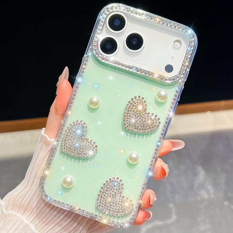 For iPhone 17 Pro Diamond Glitter Pearl Heart Four-Corner Shockproof Phone Case(Light Green)