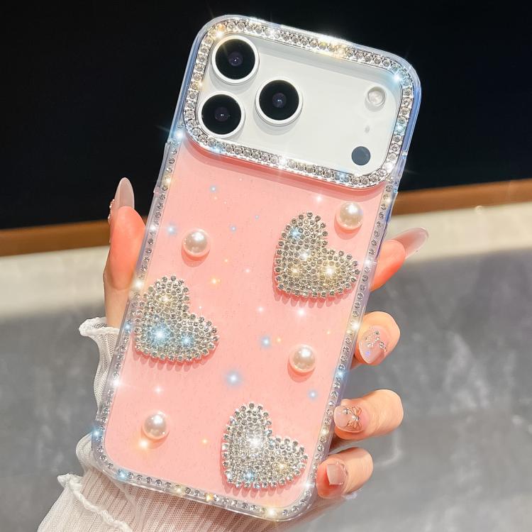 For iPhone 17 Pro Diamond Glitter Pearl Heart Four-Corner Shockproof Phone Case(Light Pink)
