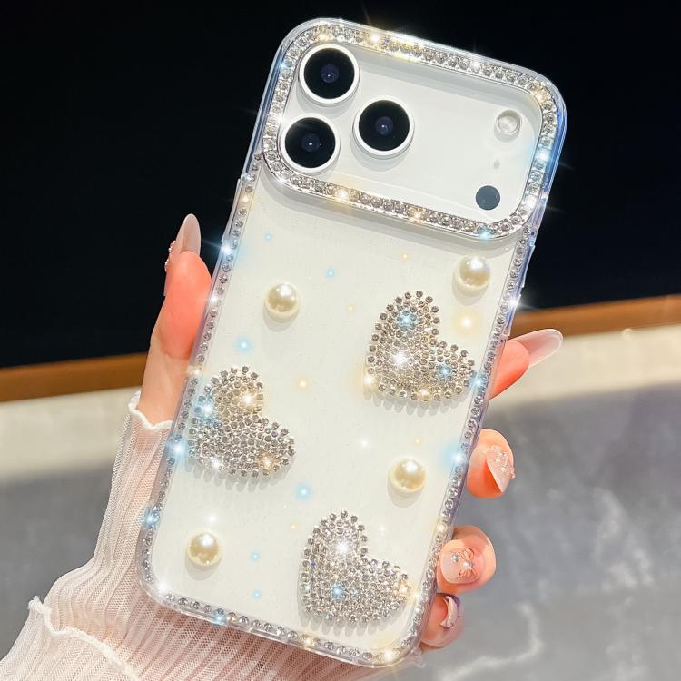 For iPhone 17 Pro Diamond Glitter Pearl Heart Four-Corner Shockproof Phone Case(White)