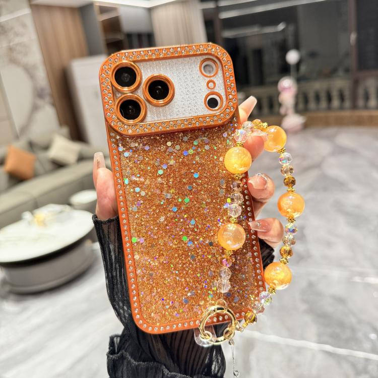 For iPhone 17 Pro Diamond Glitter Sequins TPU Phone Case with Bracelet Chain(Brown)