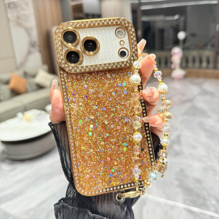 For iPhone 17 Pro Diamond Glitter Sequins TPU Phone Case with Bracelet Chain(Gold)