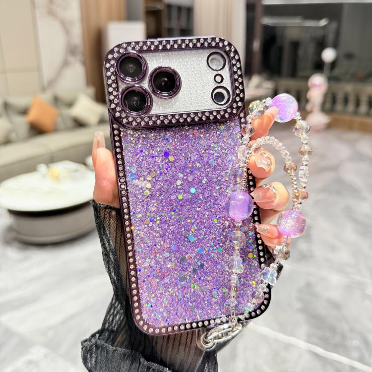 For iPhone 17 Pro Diamond Glitter Sequins TPU Phone Case with Bracelet Chain(Purple)