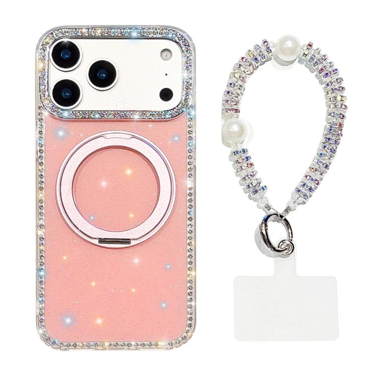 For iPhone 17 Pro Diamond IMD 360 Rotation Magnetic Metal Holder Phone Case with Strap(Glitter Light Pink)