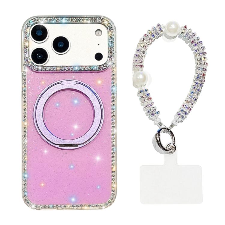 For iPhone 17 Pro Diamond IMD 360 Rotation Magnetic Metal Holder Phone Case with Strap(Glitter Light Purple)