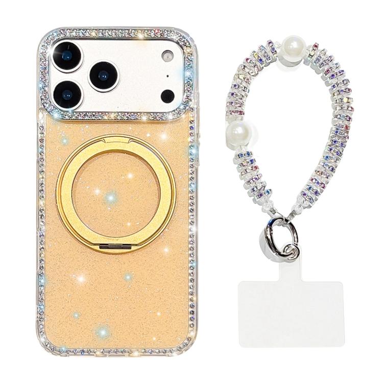 For iPhone 17 Pro Diamond IMD 360 Rotation Magnetic Metal Holder Phone Case with Strap(Glitter Light Yellow)