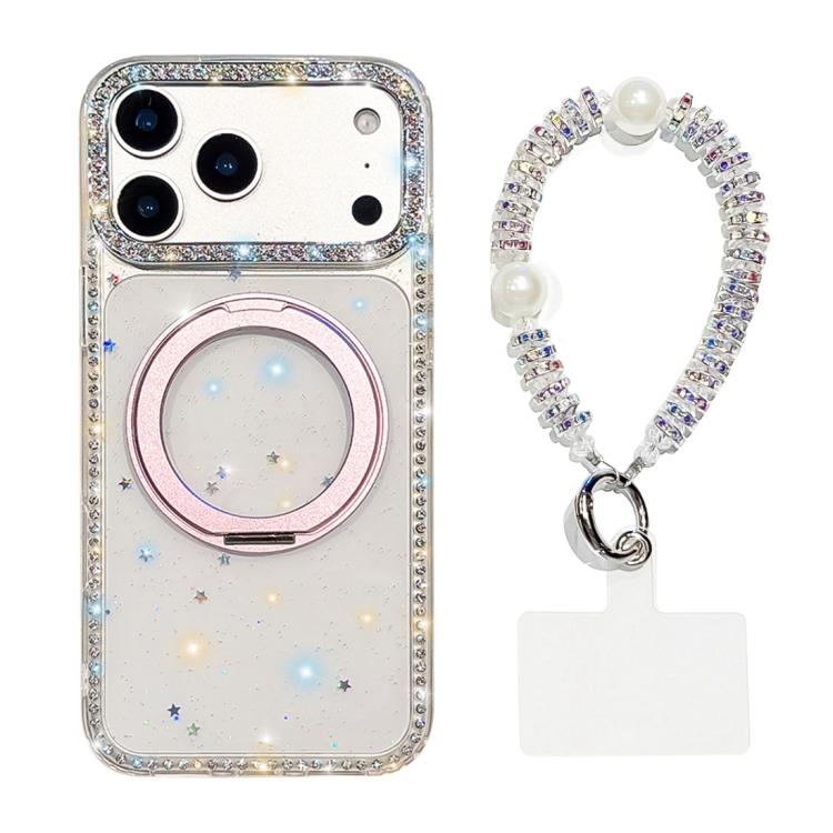 For iPhone 17 Pro Diamond IMD 360 Rotation Magnetic Metal Holder Phone Case with Strap(Glitter Stars)