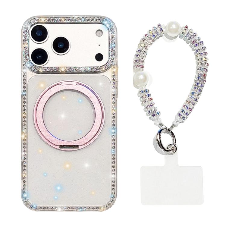 For iPhone 17 Pro Diamond IMD 360 Rotation Magnetic Metal Holder Phone Case with Strap(Glitter Transparent)