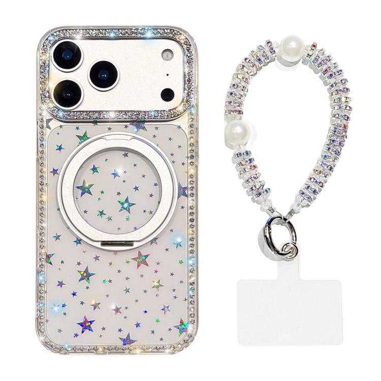 For iPhone 17 Pro Diamond IMD 360 Rotation Magnetic Metal Holder Phone Case with Strap(Stars Transparent)