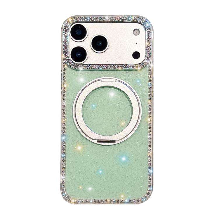 For iPhone 17 Pro Diamond IMD 360 Rotation Magnetic Metal Holder Phone Case(Glitter Light Green)