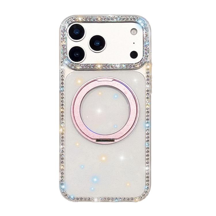 For iPhone 17 Pro Diamond IMD 360 Rotation Magnetic Metal Holder Phone Case(Glitter Transparent)