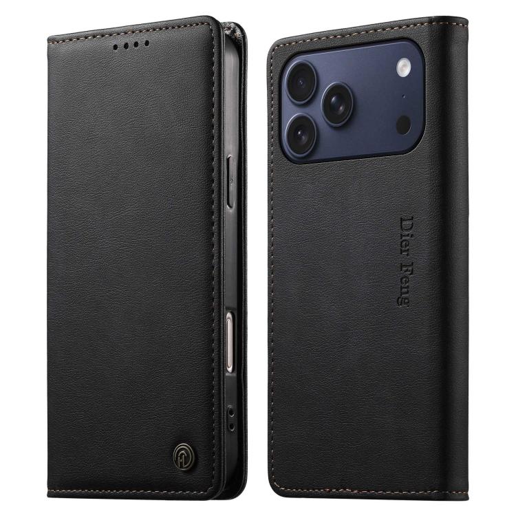 For iPhone 17 Pro Dierfeng Metal Snap Magnetic RFID Vegan Leather Phone Case(Black)
