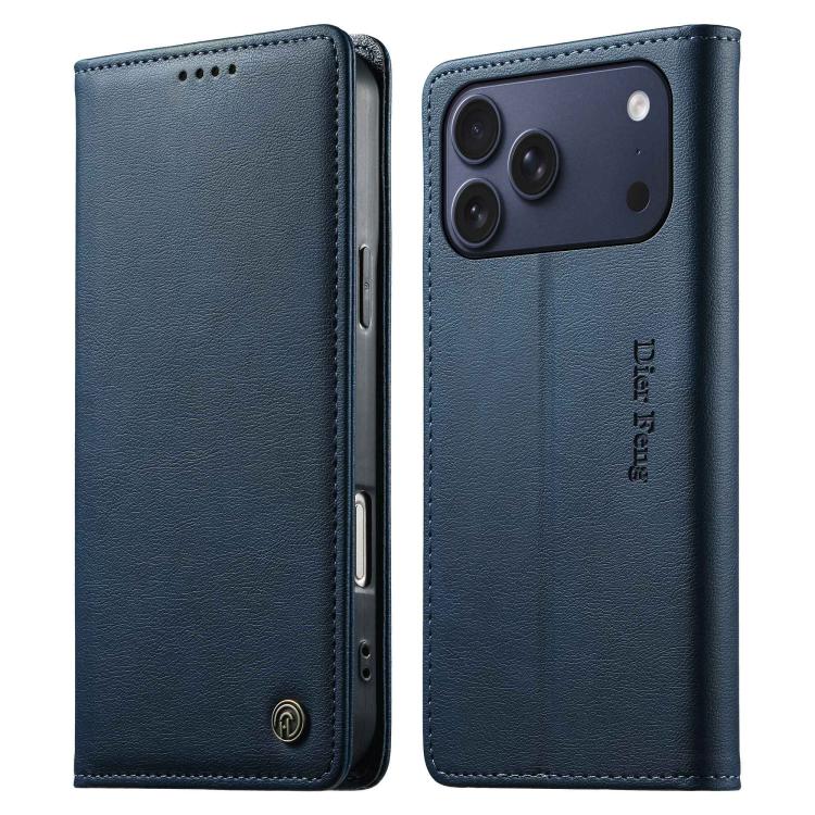 For iPhone 17 Pro Dierfeng Metal Snap Magnetic RFID Vegan Leather Phone Case(Blue)