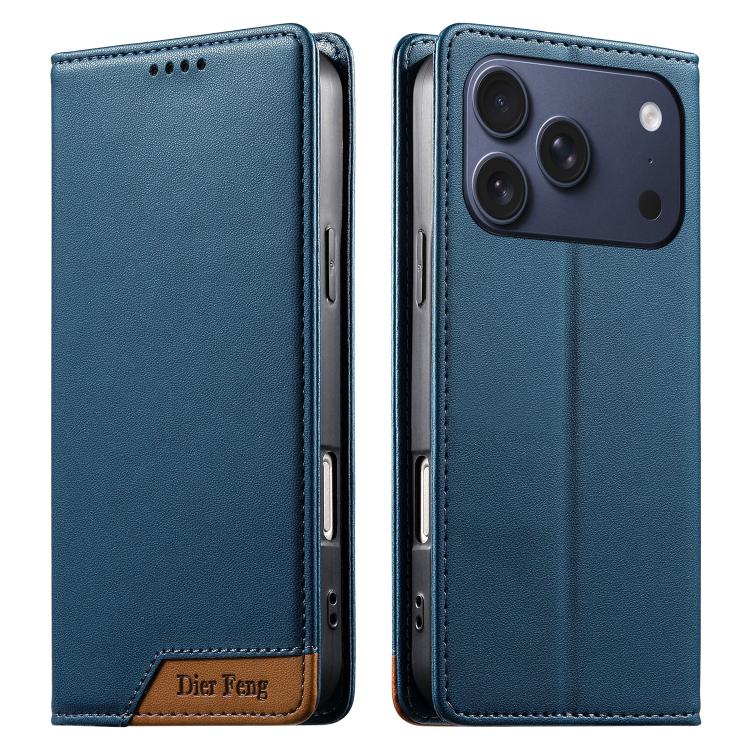 For iPhone 17 Pro Dierfeng Splicing Strong Magnetic RFID Vegan Leather Phone Case(Blue)